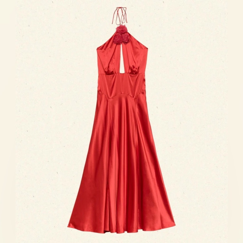 NWT Doen Lilaia Silk Rosette Rose Halter Maxi Dress Gown Fiery Coral Red - Picture 1 of 16